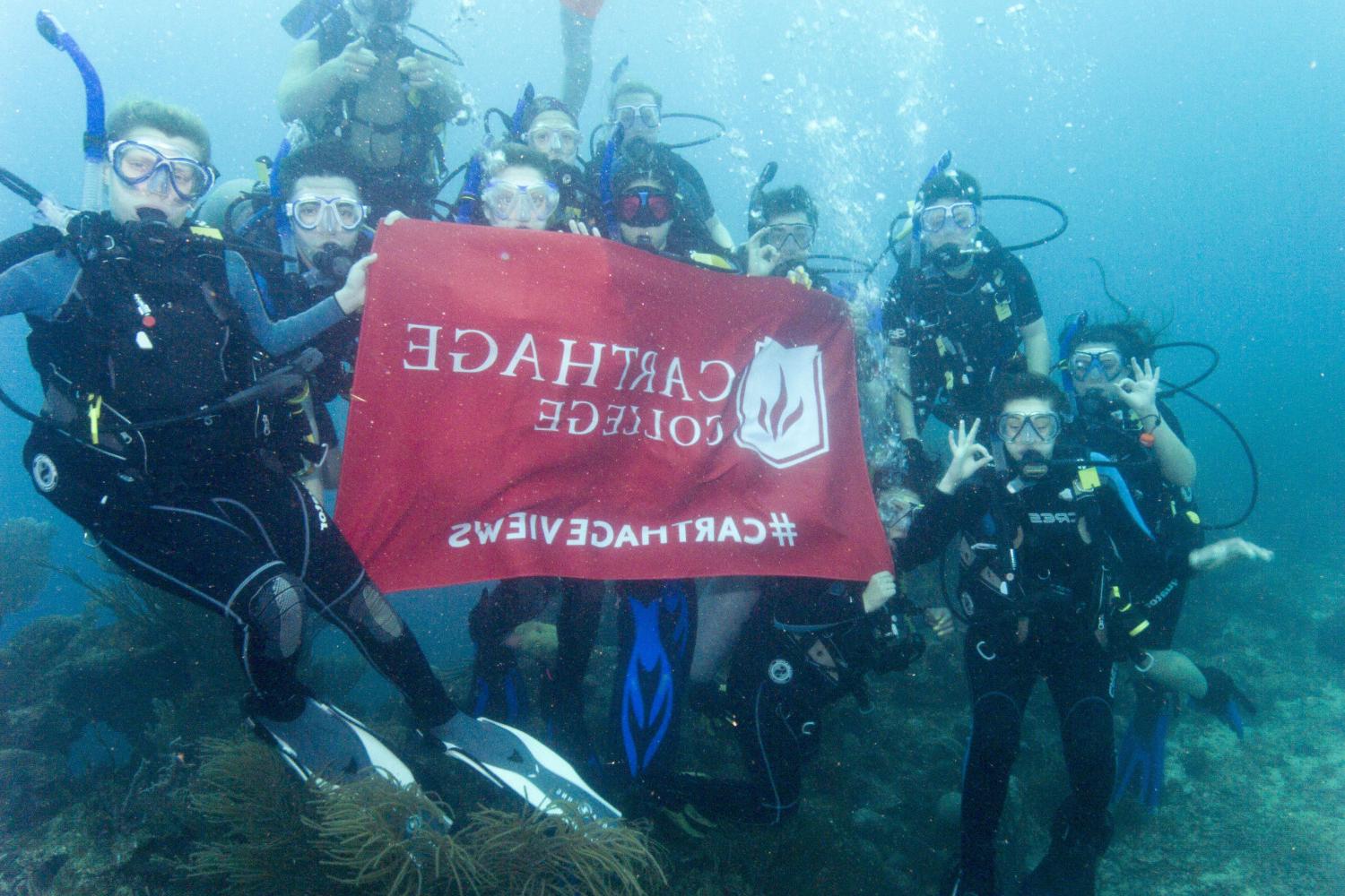 学生们手持<a href='http://aqm.herbalifa.com'>bv伟德ios下载</a>旗帜，在j学期洪都拉斯游学之旅中潜水.